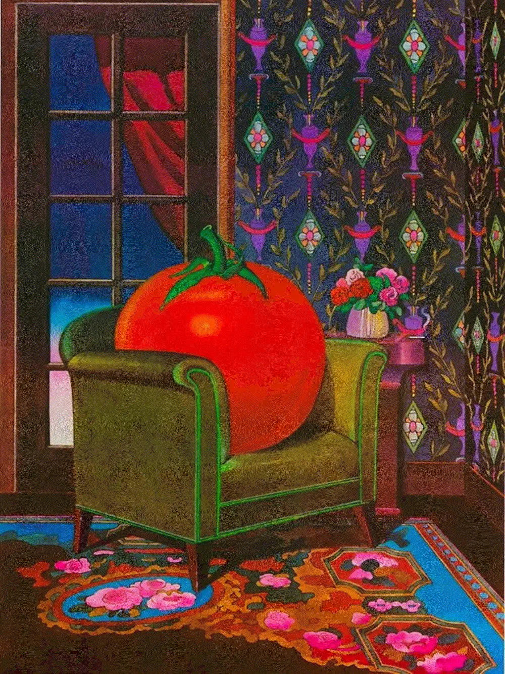 Milton Glaser, Therapy With A Tomato, 1978 — a giant tomato seated in a green armchair